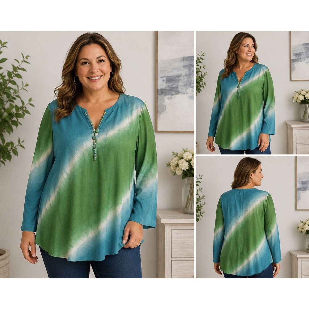 Jones New York 2X Plus Blue Green Ombre Tunic Blouse Beaded V-Neck Long Sleeve